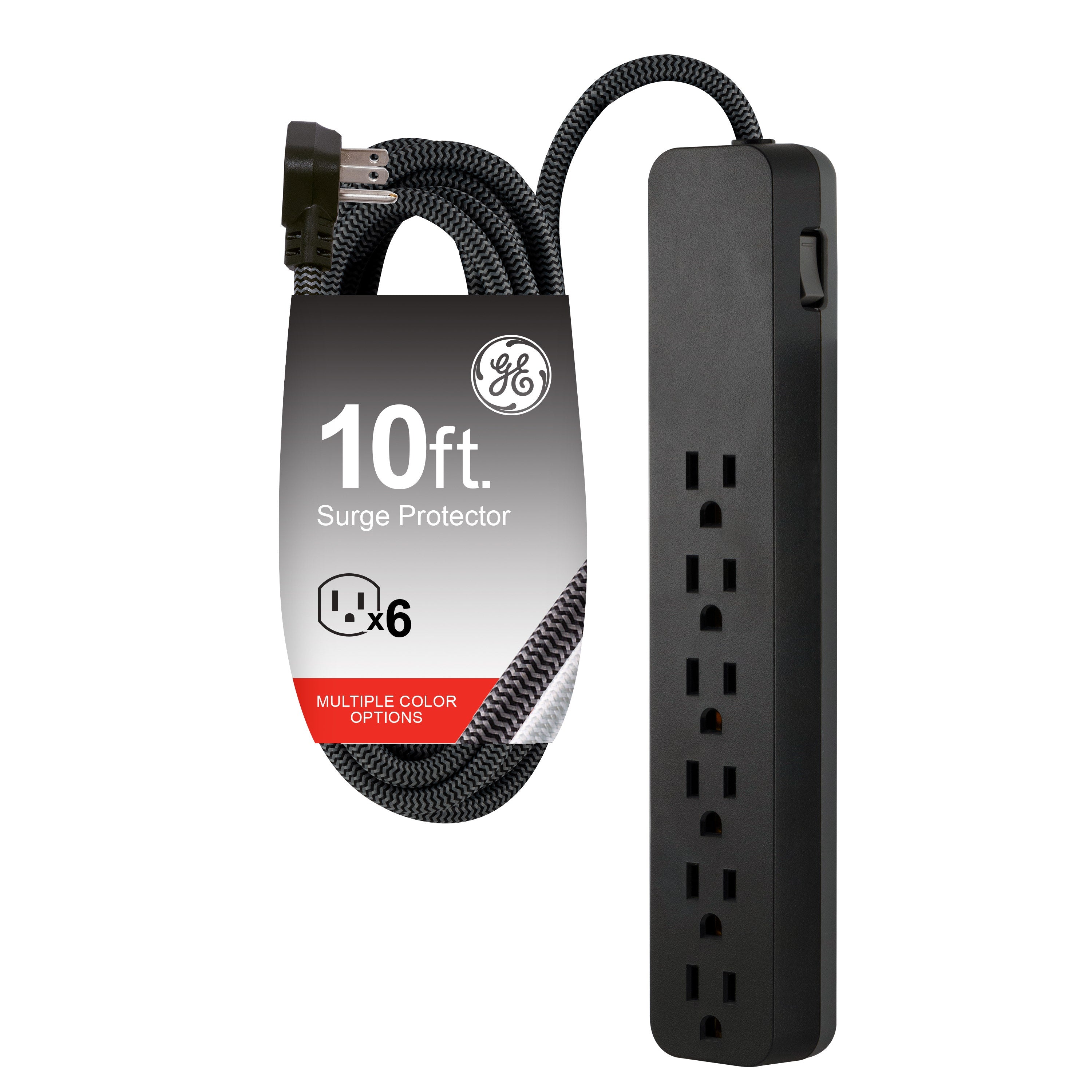 GE 6-Outlet 10ft. Surge Protector with Braided Cord, Black