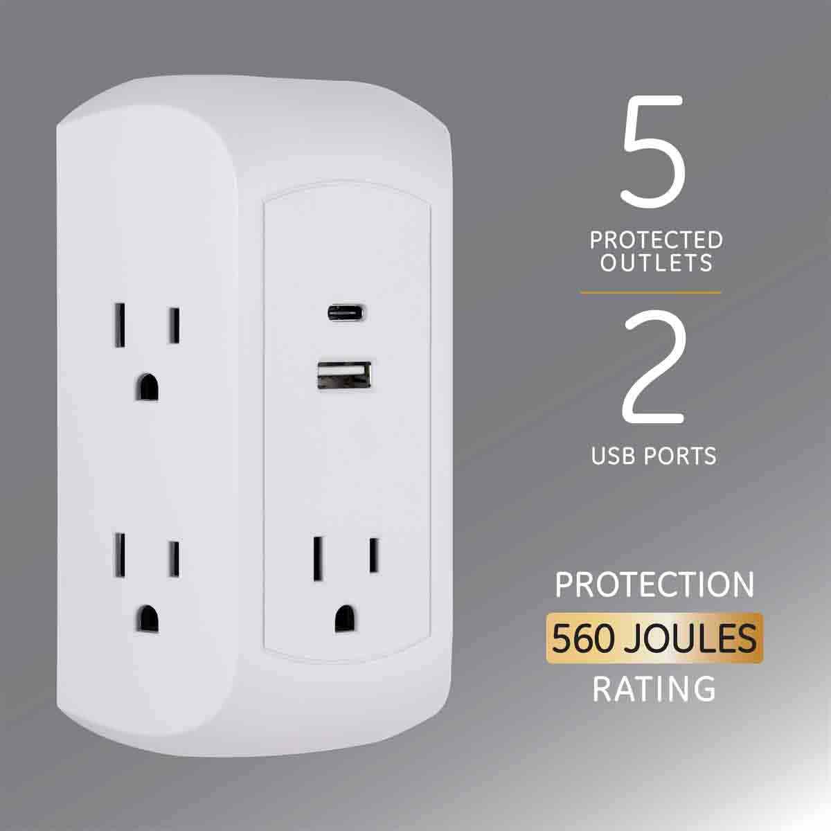 GE 5-Outlet 2-USB Wall Tap with Surge Protection and USB-C, White