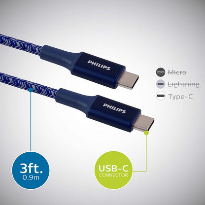 Philips 3ft. USB-C to USB-C Braided Charging Cable, Blue