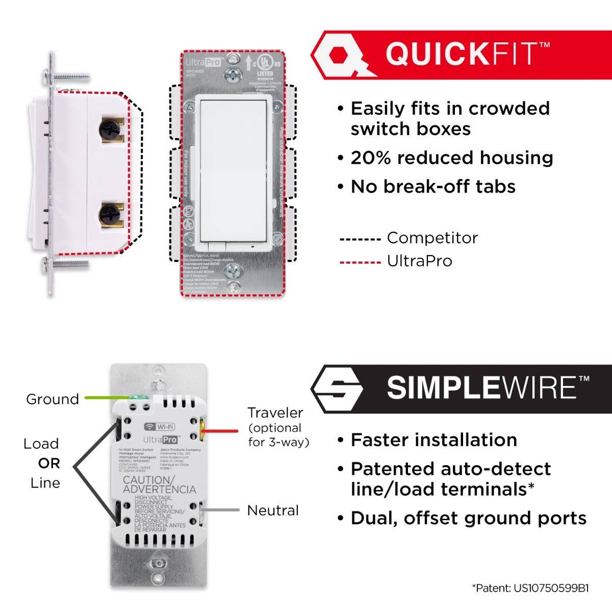 UltraPro WiFi In-Wall Smart Dimmer With QuickFit™ And SimpleWire™, 2 Pack, White