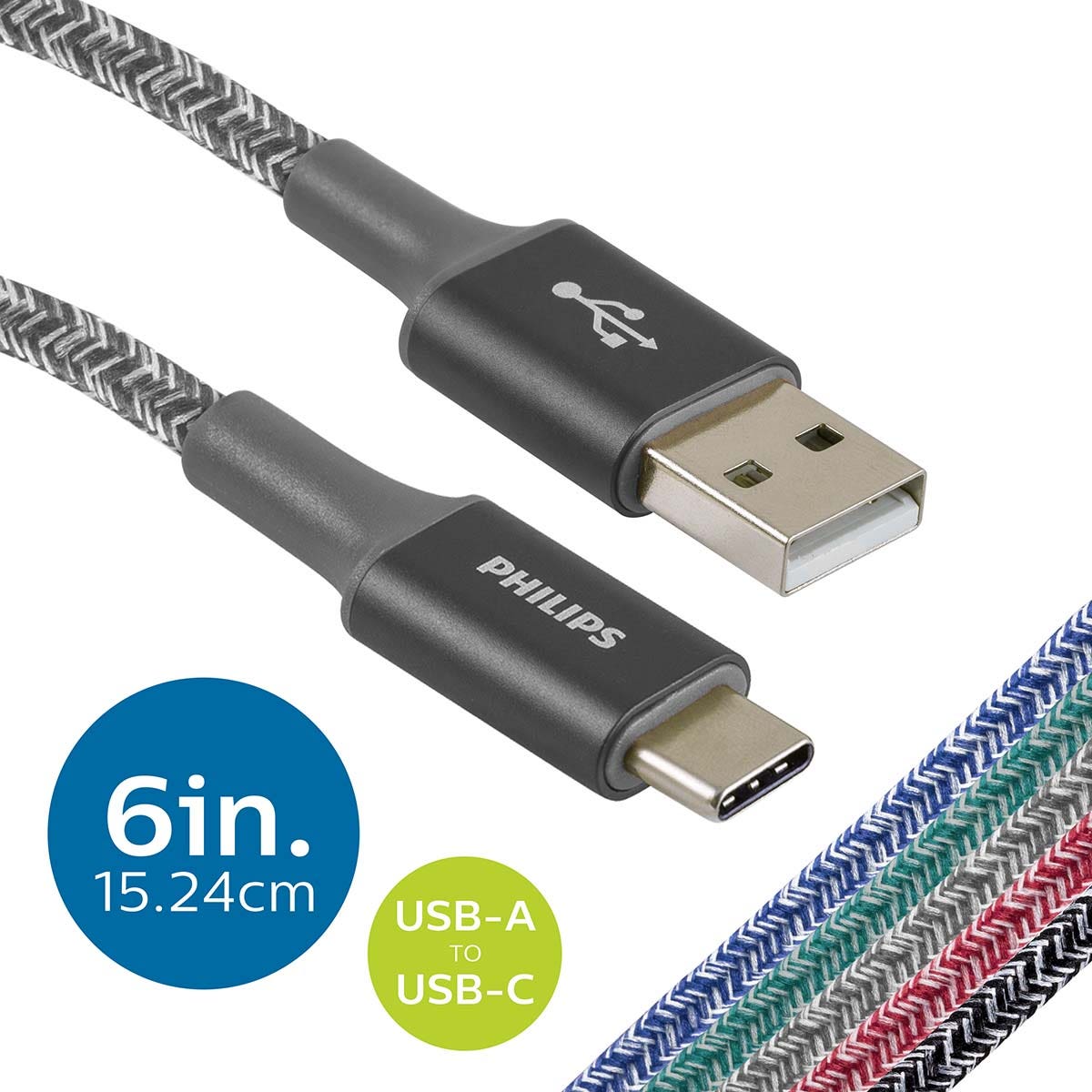 Philips 6in. USB-A to USB-C Braided Charging Cable, Gray