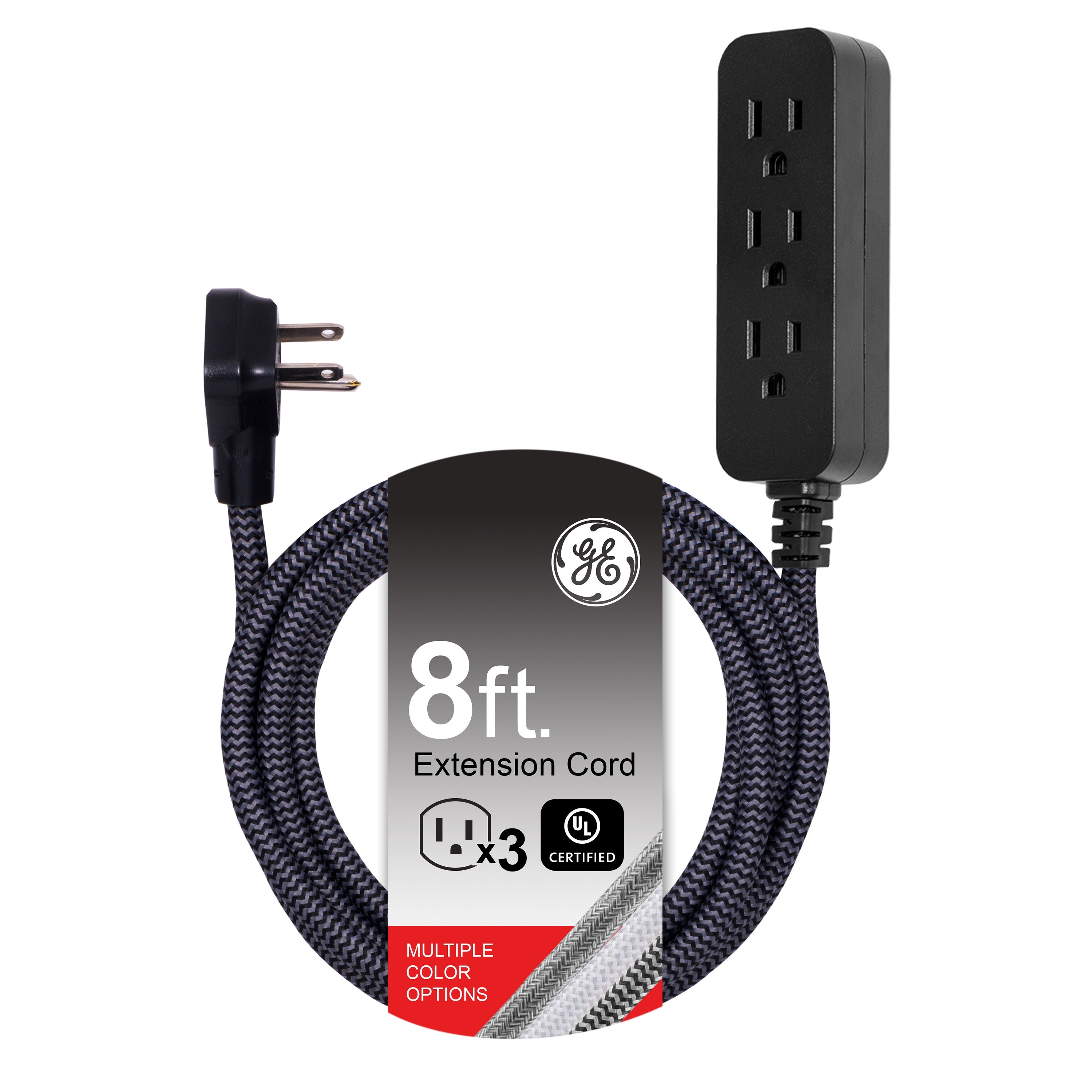 GE Pro 3-Outlet 8ft. Braided Extension Cord, Black