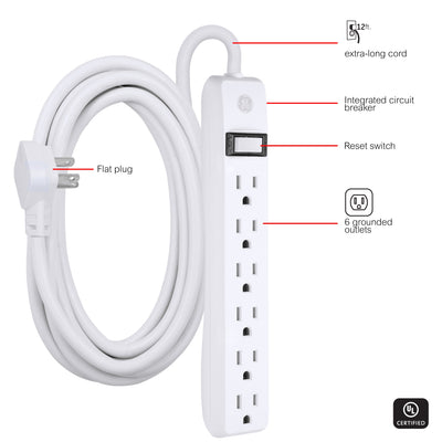 GE 6-Outlet 12ft. Power Strip, White