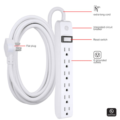 GE 6-Outlet 12ft. Power Strip, White