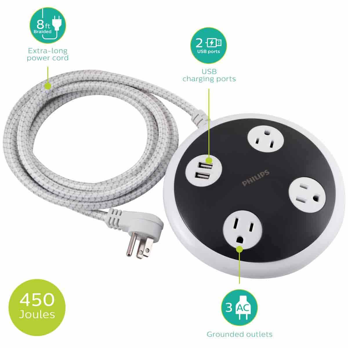Philips Round 3-Outlet 2-USB 8ft. Braided Extension Cord with Surge Protection, White
