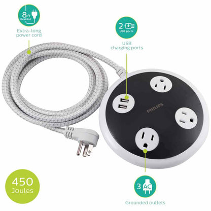 Philips Round 3-Outlet 2-USB 8ft. Braided Extension Cord with Surge Protection, White