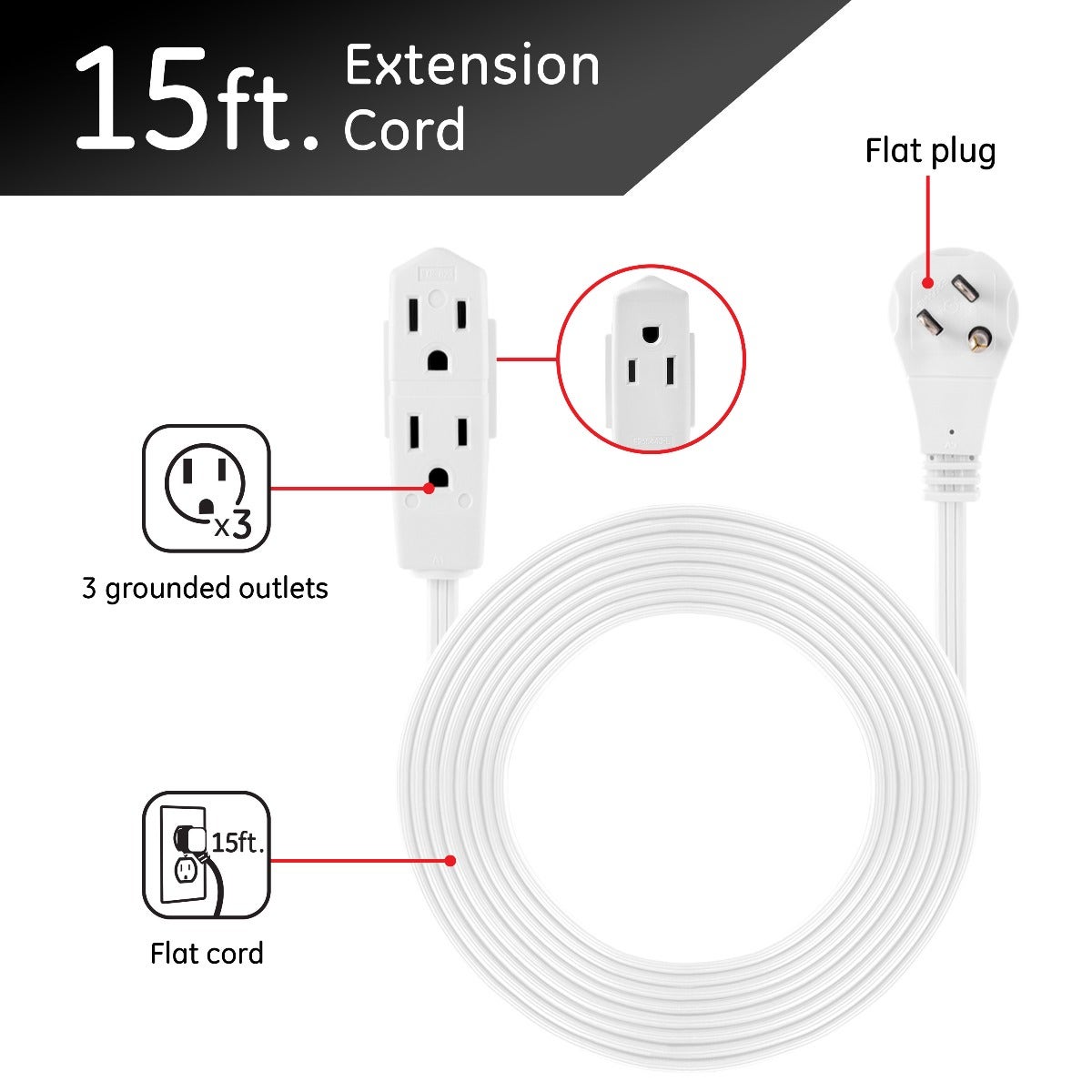 GE 3-Outlet 15ft. Extension Cord with Right-Angle Plug, White