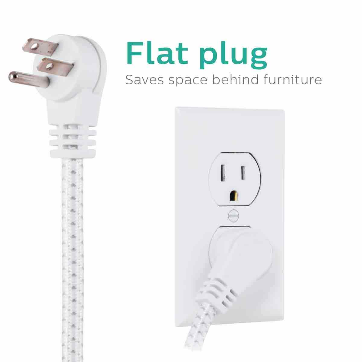Philips Round 3-Outlet 2-USB 8ft. Braided Extension Cord with Surge Protection, White