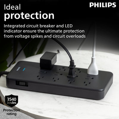 Philips 12-Outlet 6ft. Surge Protector with Adapter-Spaced Outlets, Black