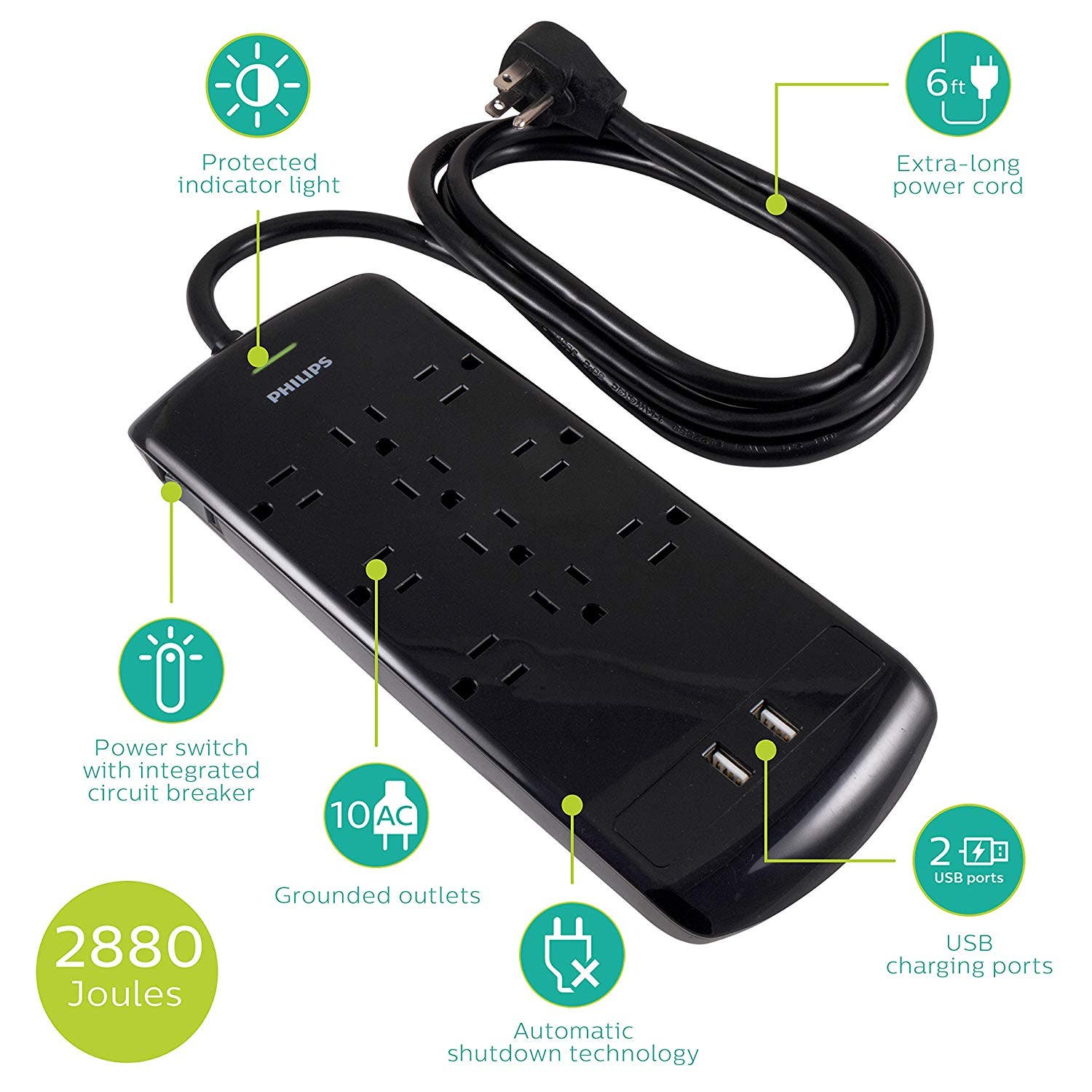 Philips 10-Outlet 2-USB 6ft. Surge Protector, Black
