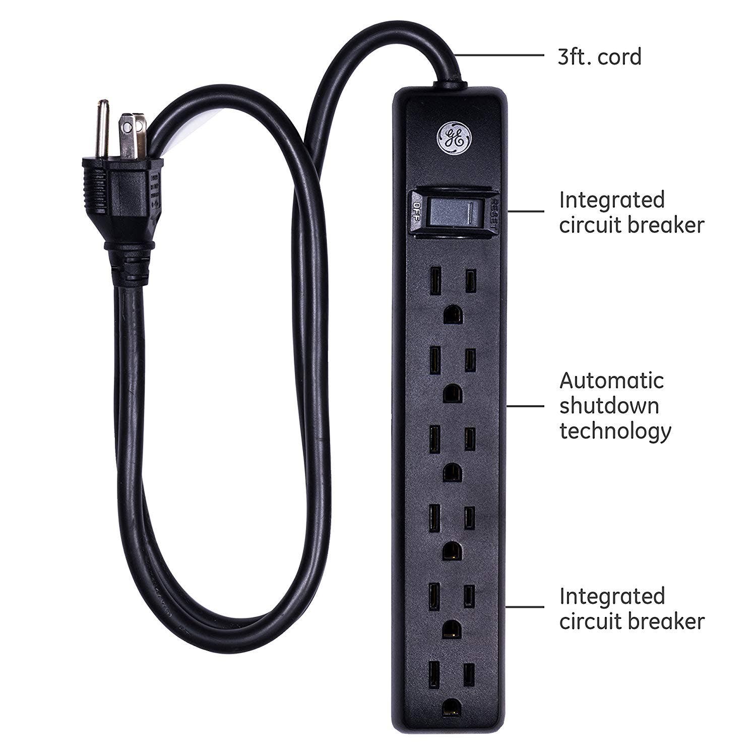 GE 6-Outlet 3ft. Surge Protector, 2 Pack, Black