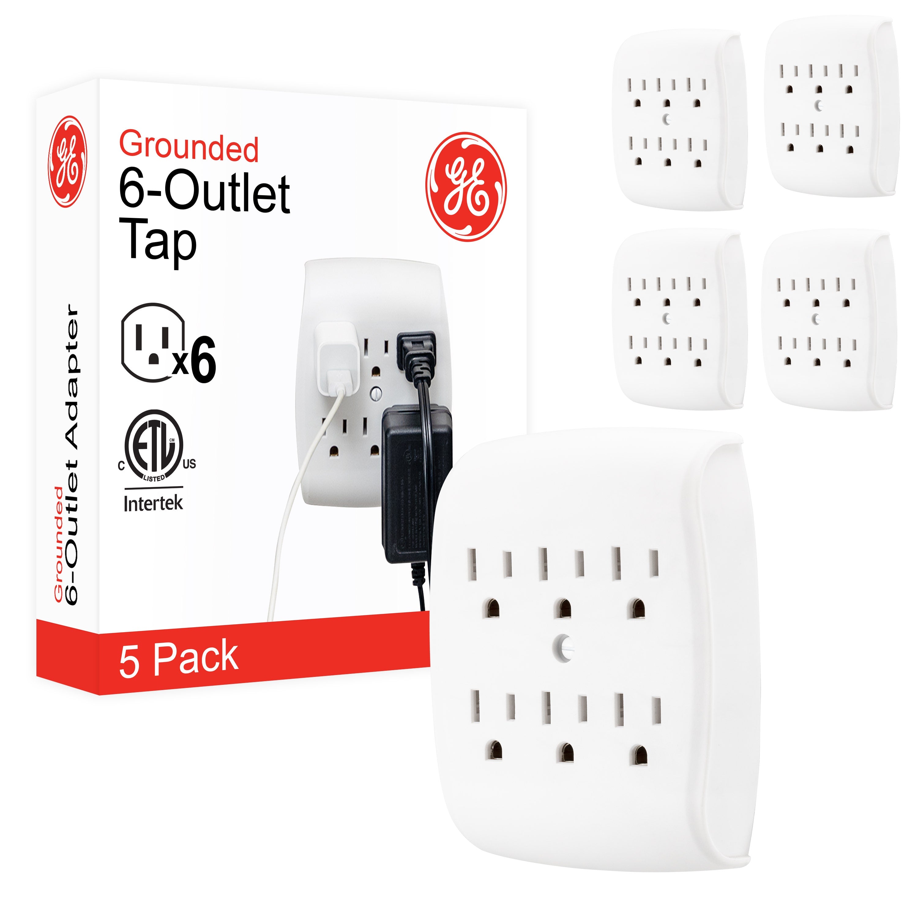 GE 6-Outlet Wall Tap, 5 Pack, White
