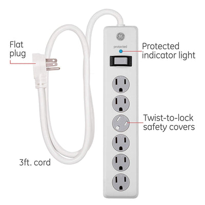GE 6-Outlet 4ft. Surge Protector with Twist-to-Close Safety Covers, White