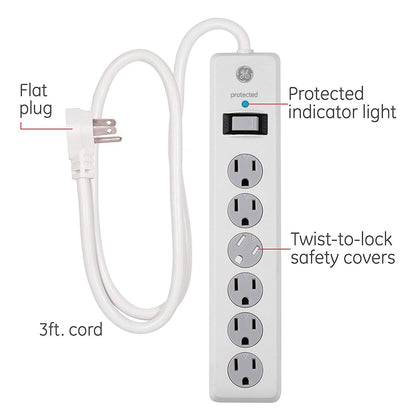 GE 6-Outlet 4ft. Surge Protector with Twist-to-Close Safety Covers, White