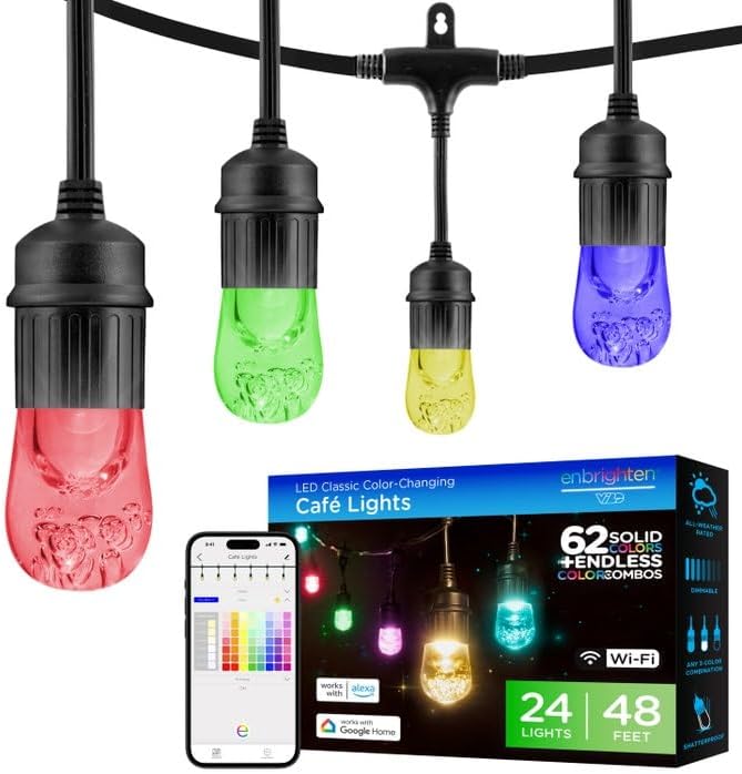 Enbrighten WiFi VIBE Color-Changing Classic LED Cafe Lights, 24 Bulbs, 48ft. Black Cord