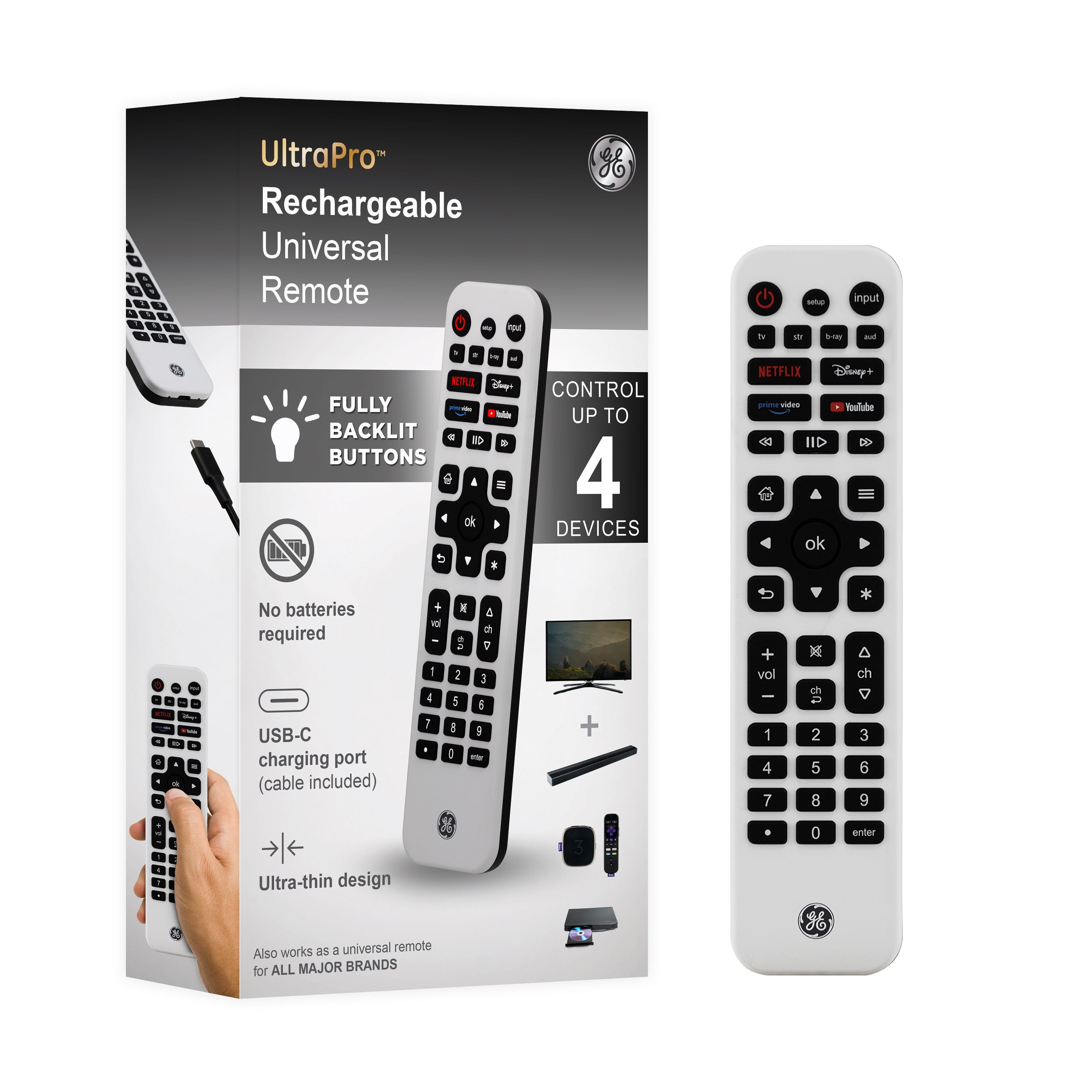 GE 4-Device Rechargeable Backlit Universal Remote, White