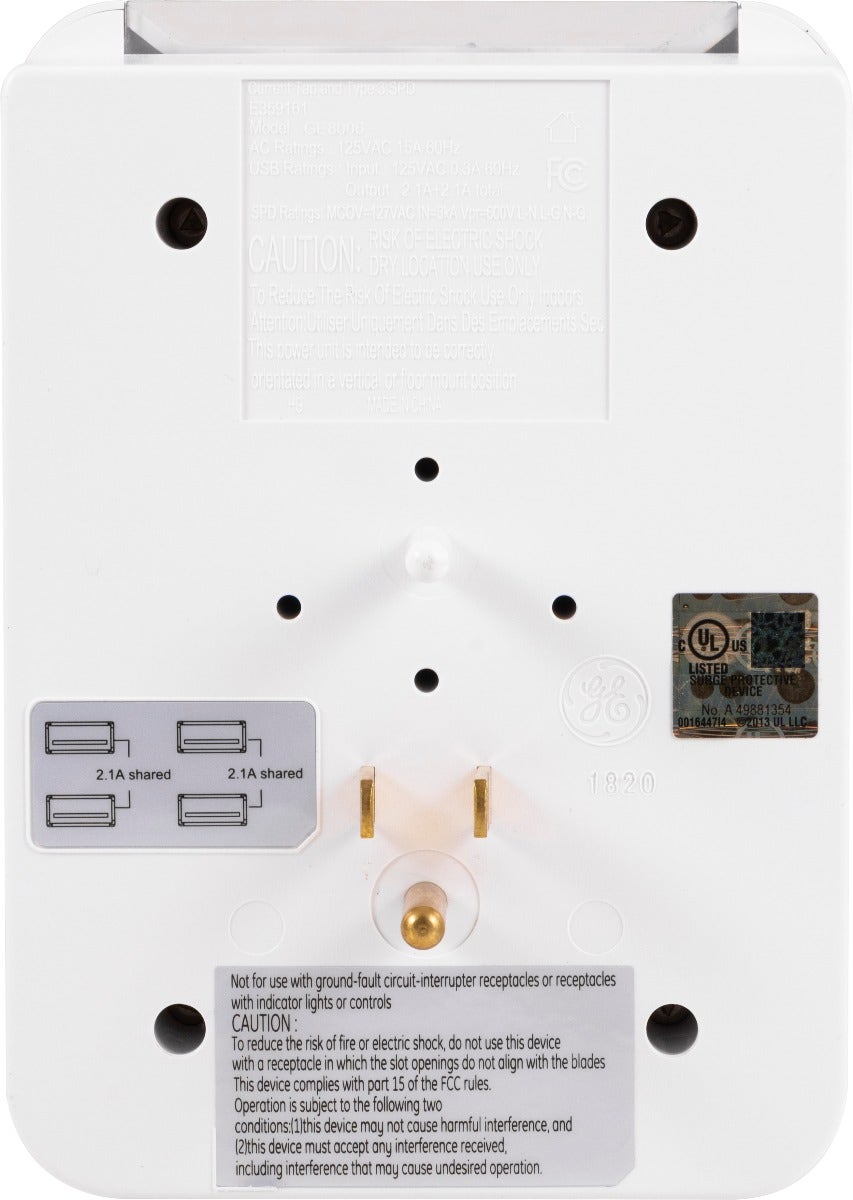 GE 4-Outlet 4-USB Surge Tap with Eye Indicator, White