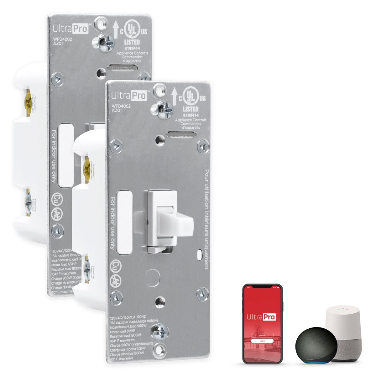 UltraPro WiFi In-Wall Smart Toggle Switch With QuickFit™ And SimpleWire™, 2 Pack, White