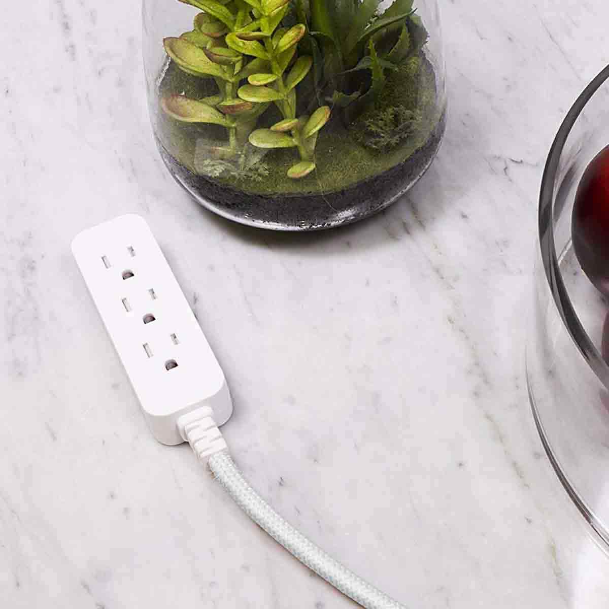 GE 3-Outlet 1ft. Mini Braided Extension Cord with Flat Plug, White/Gray