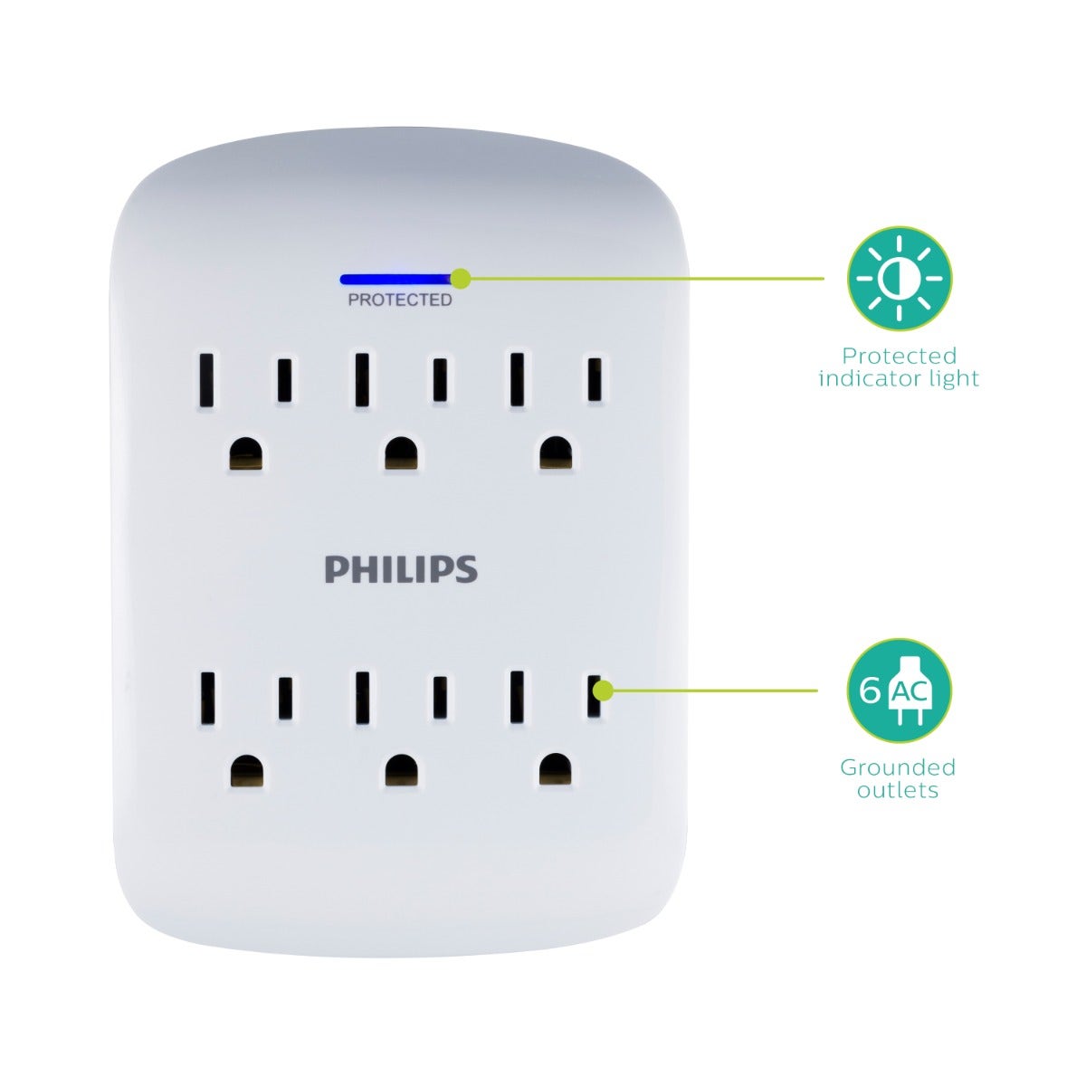 Philips 6-Outlet Wall Tap with Surge Protection, White