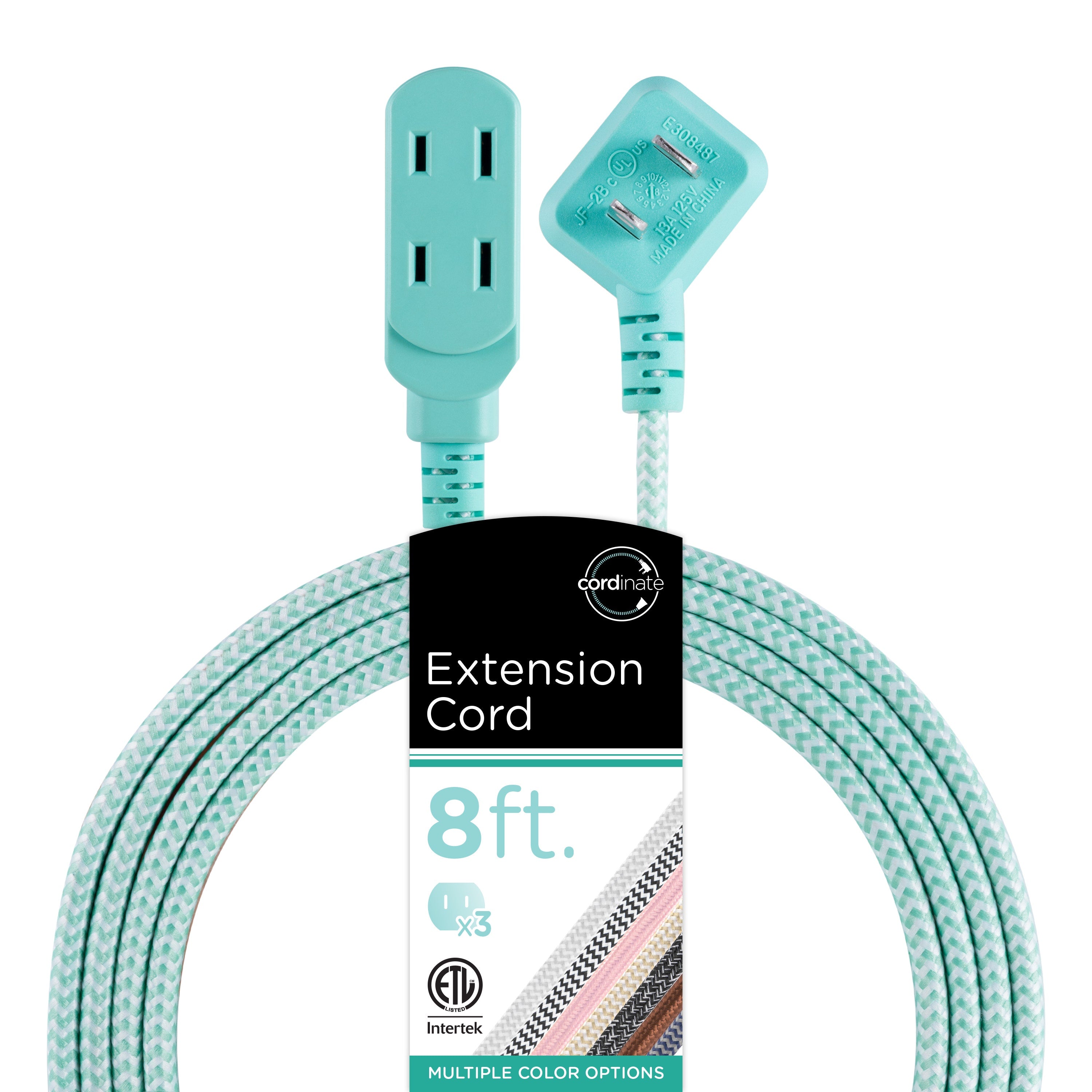 Cordinate 3-Outlet 8ft. Braided Extension Cord with Flat Plug, White/Mint