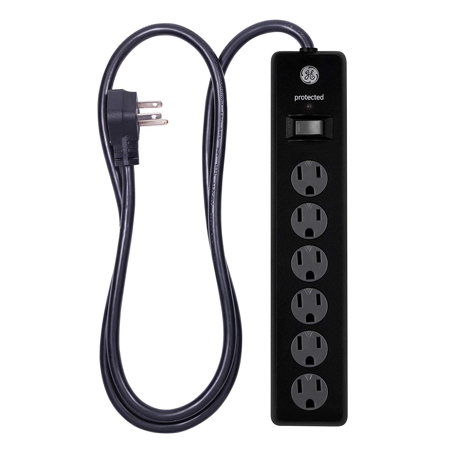 GE 6-Outlet 4ft. Surge Protector with Twist-to-Close Safety Covers, Black