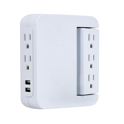 GE 5-Outlet 2-USB Wall Tap with Surge Protection and Swivel Outlets, White