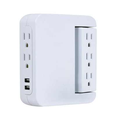 GE 5-Outlet 2-USB Wall Tap with Surge Protection and Swivel Outlets, White