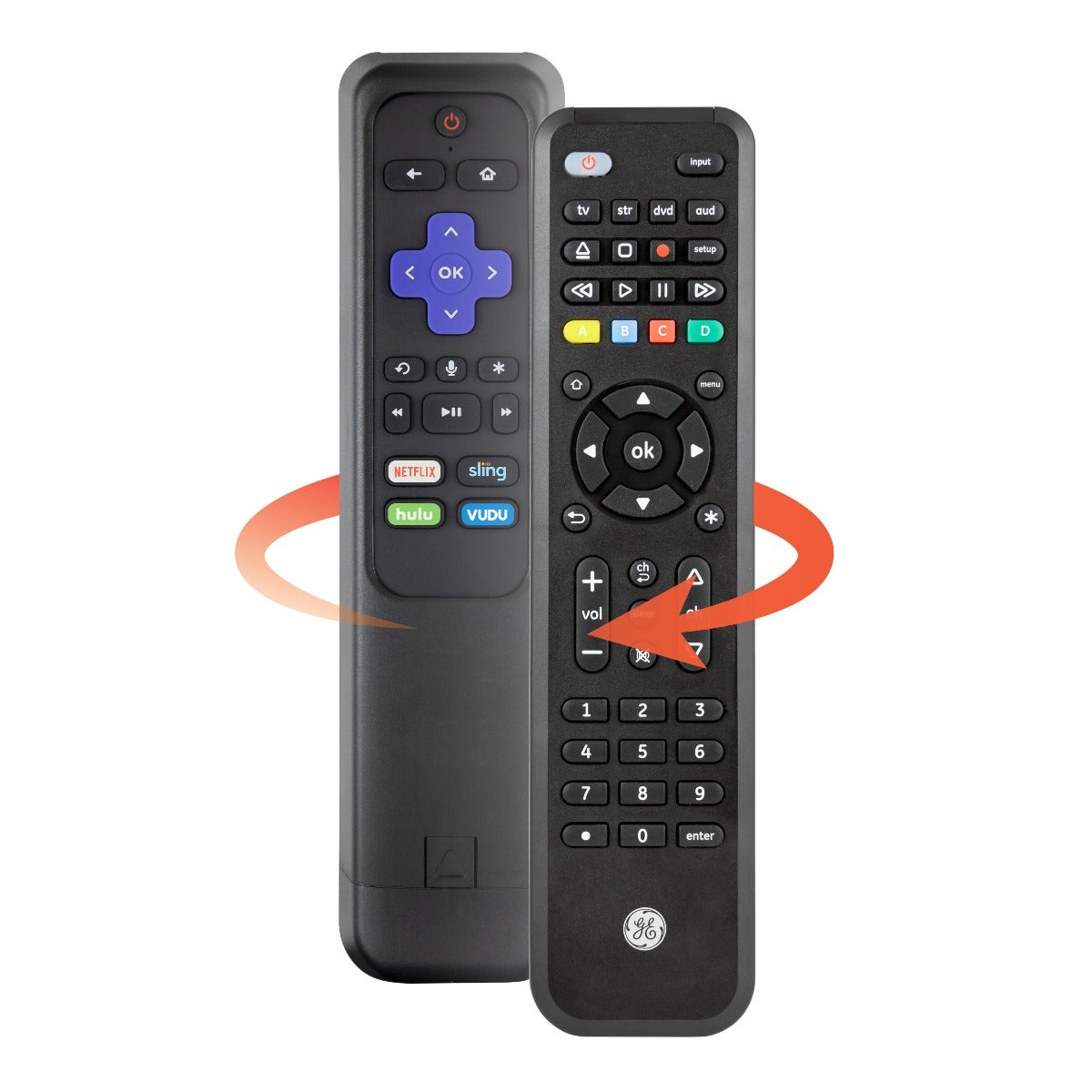 GE 4-Device Universal Companion Remote for Roku and Amazon TV with Flip and Slide Cradle, Black