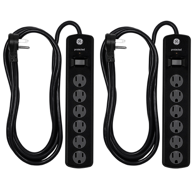 GE 6-Outlet 8ft. Surge Protector with Twist-to-Close Safety Covers, 2 Pack, Black