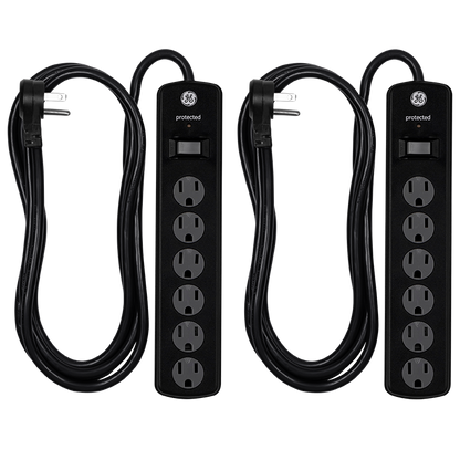 GE 6-Outlet 8ft. Surge Protector with Twist-to-Close Safety Covers, 2 Pack, Black
