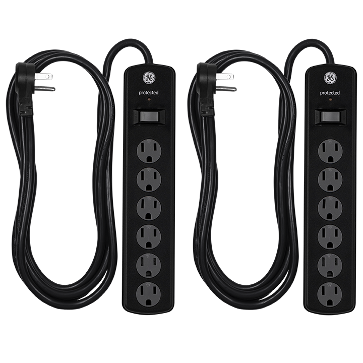 GE 6-Outlet 8ft. Surge Protector with Twist-to-Close Safety Covers, 2 Pack, Black