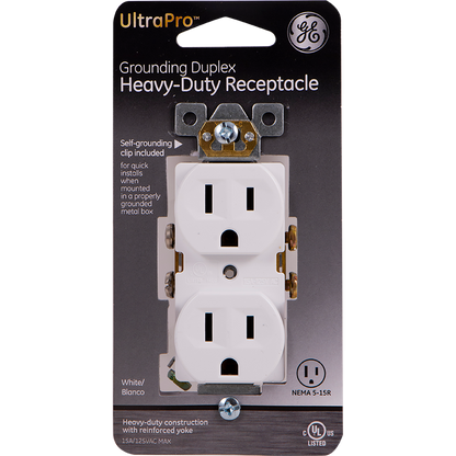 GE UltraPro Grounding Duplex Heavy-Duty Receptacle, White