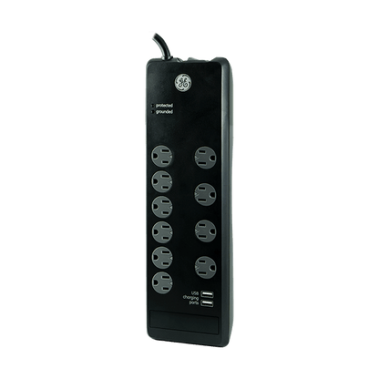 GE 10-Outlet 2-USB 6ft. Surge Protector With Twist-To-Close Safety Covers, Black