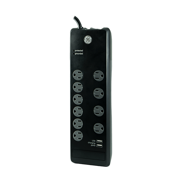 GE 10-Outlet 2-USB 6ft. Surge Protector With Twist-To-Close Safety Covers, Black