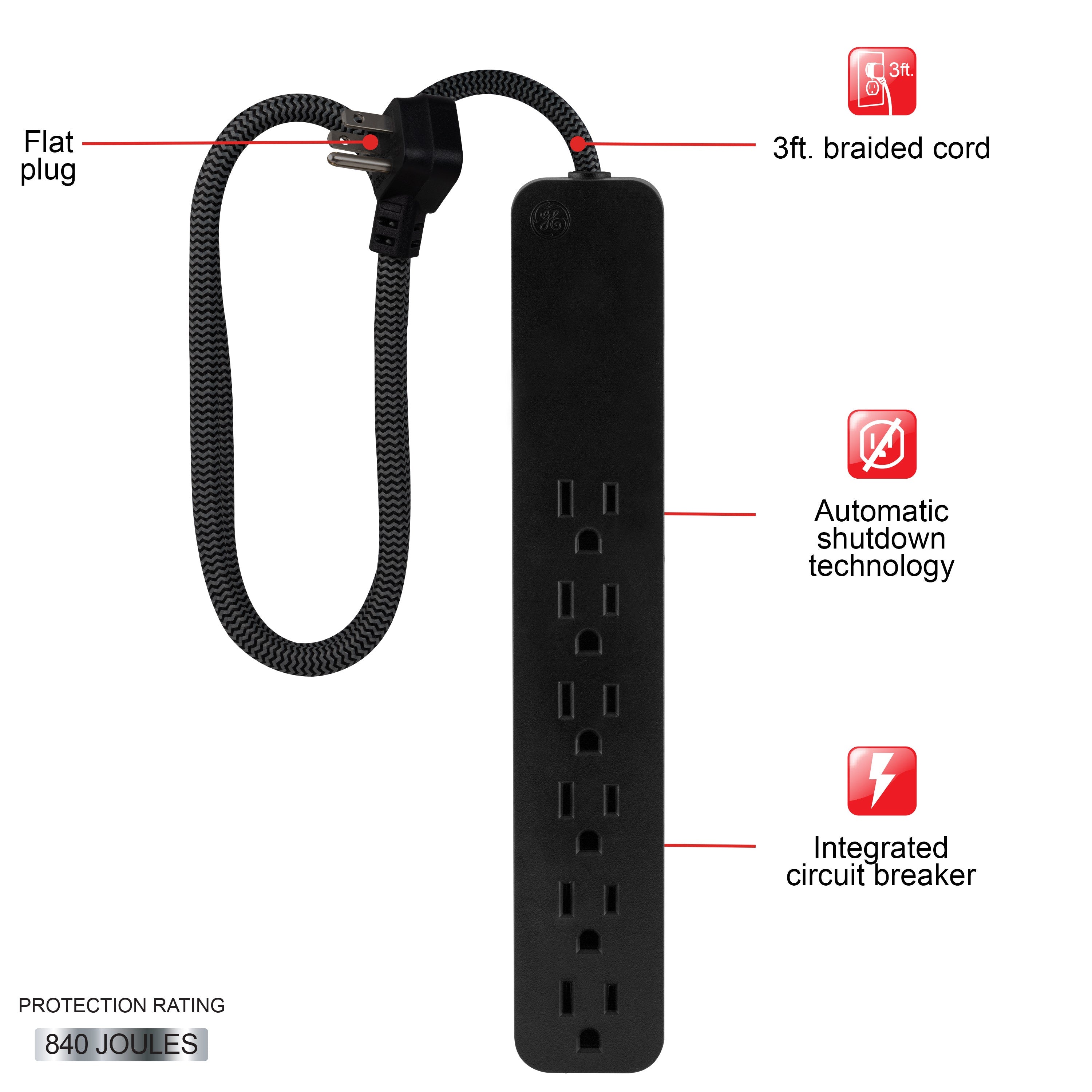 GE 6-Outlet Surge Protector 3ft. Braided Cord, Black
