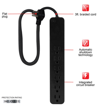 GE 6-Outlet Surge Protector 3ft. Braided Cord, Black