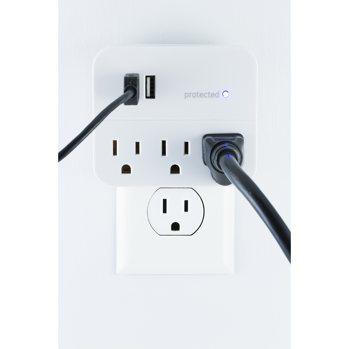 GE 3-Outlet 2-USB Wall Tap with Surge Protection, White
