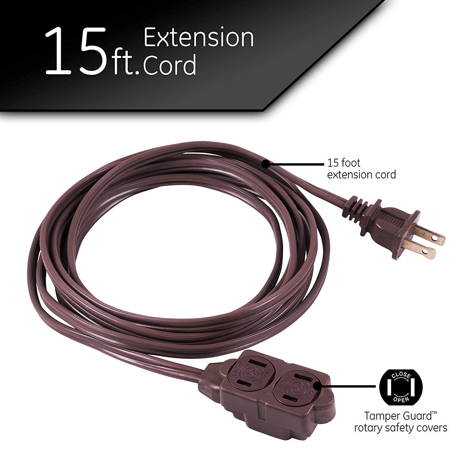 GE 3-Outlet 15ft. Extension Cord with Twist-to-Close Outlets, Brown