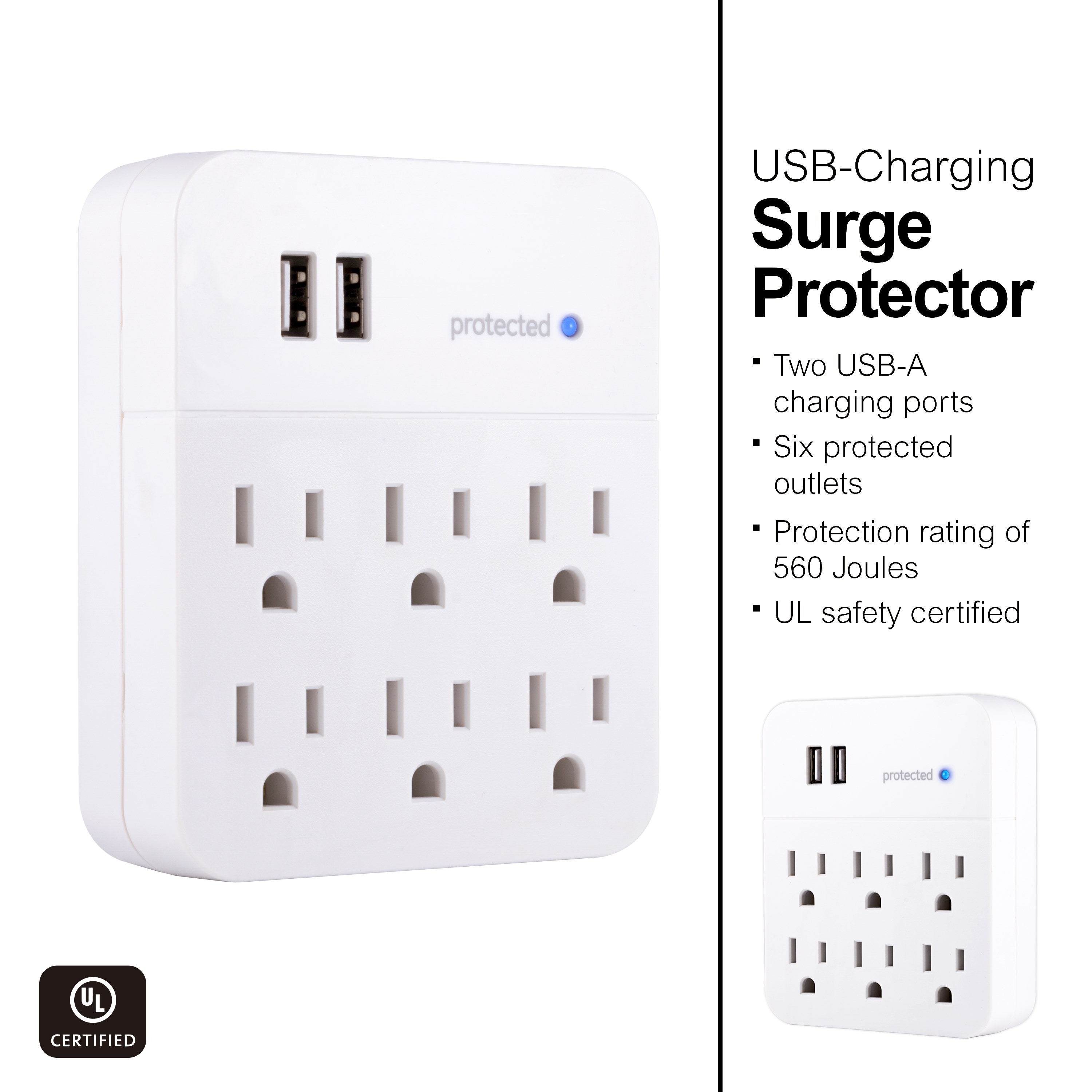 GE 6-Outlet 2-USB Wall Tap with Surge Protection, White