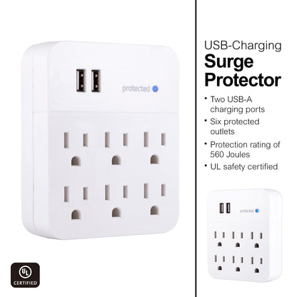 GE 6-Outlet 2-USB Wall Tap with Surge Protection, White