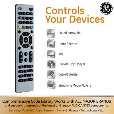 GE 4-Device Universal Remote, Brushed Silver