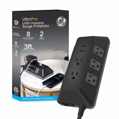 GE 8-Outlet 2-USB 3ft. Surge Protector with Adapter-Spaced Outlets, Black