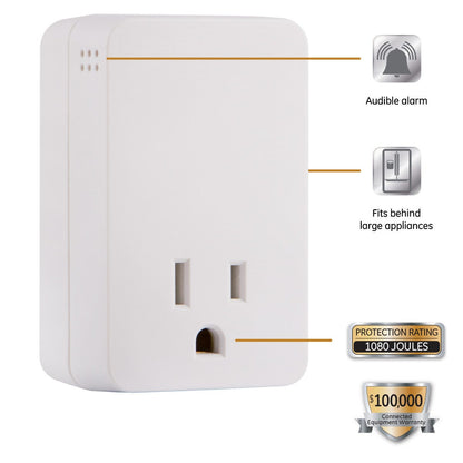 GE UltraPro 1-Outlet Wall Tap with Surge Protection and Audible Alarm, White