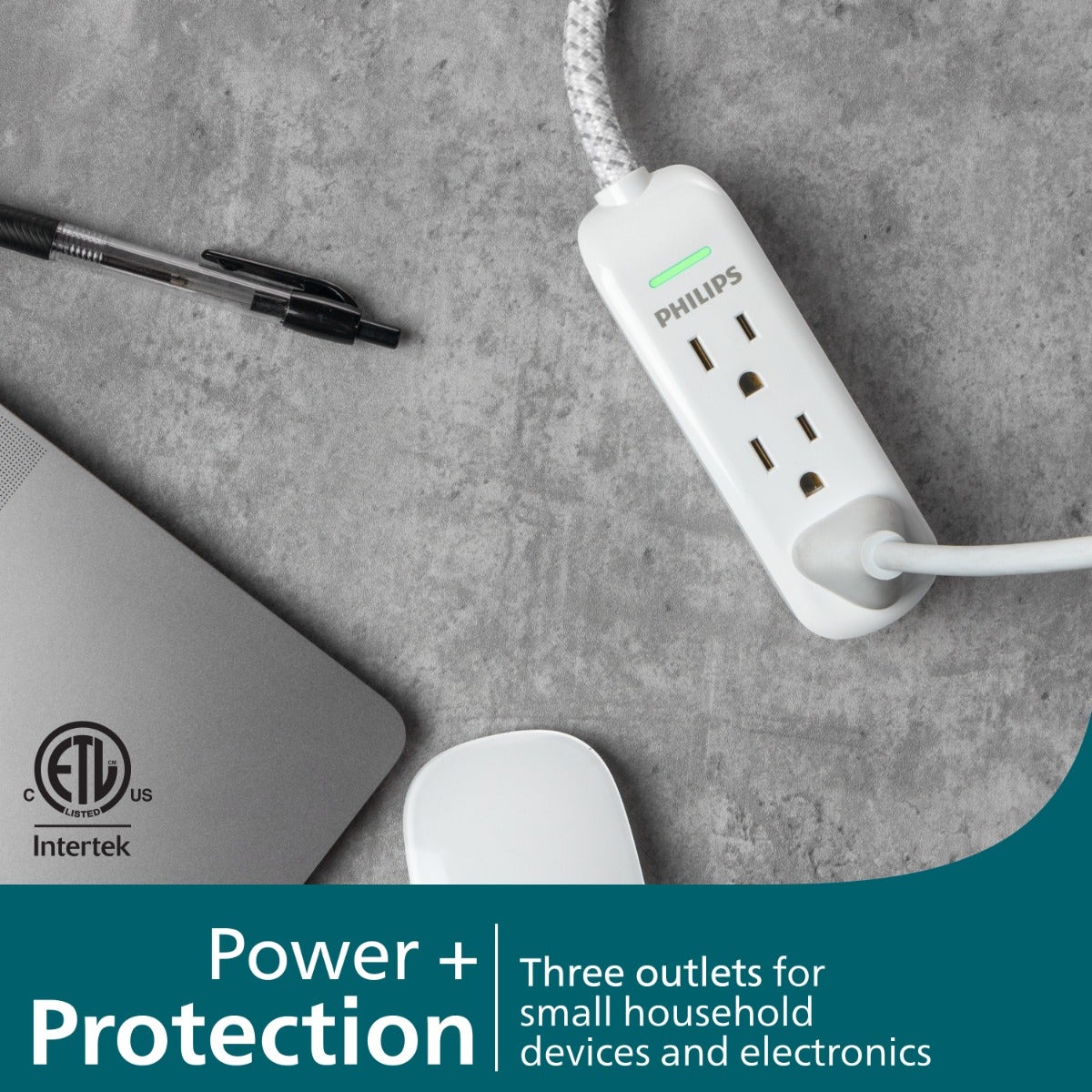Philips 3-Outlet 8ft. Extension Cord with Surge Protection, White