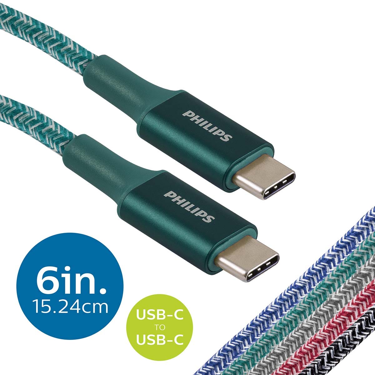 Philips 6in. USB-C to USB-C Braided Charging Cable, Emerald