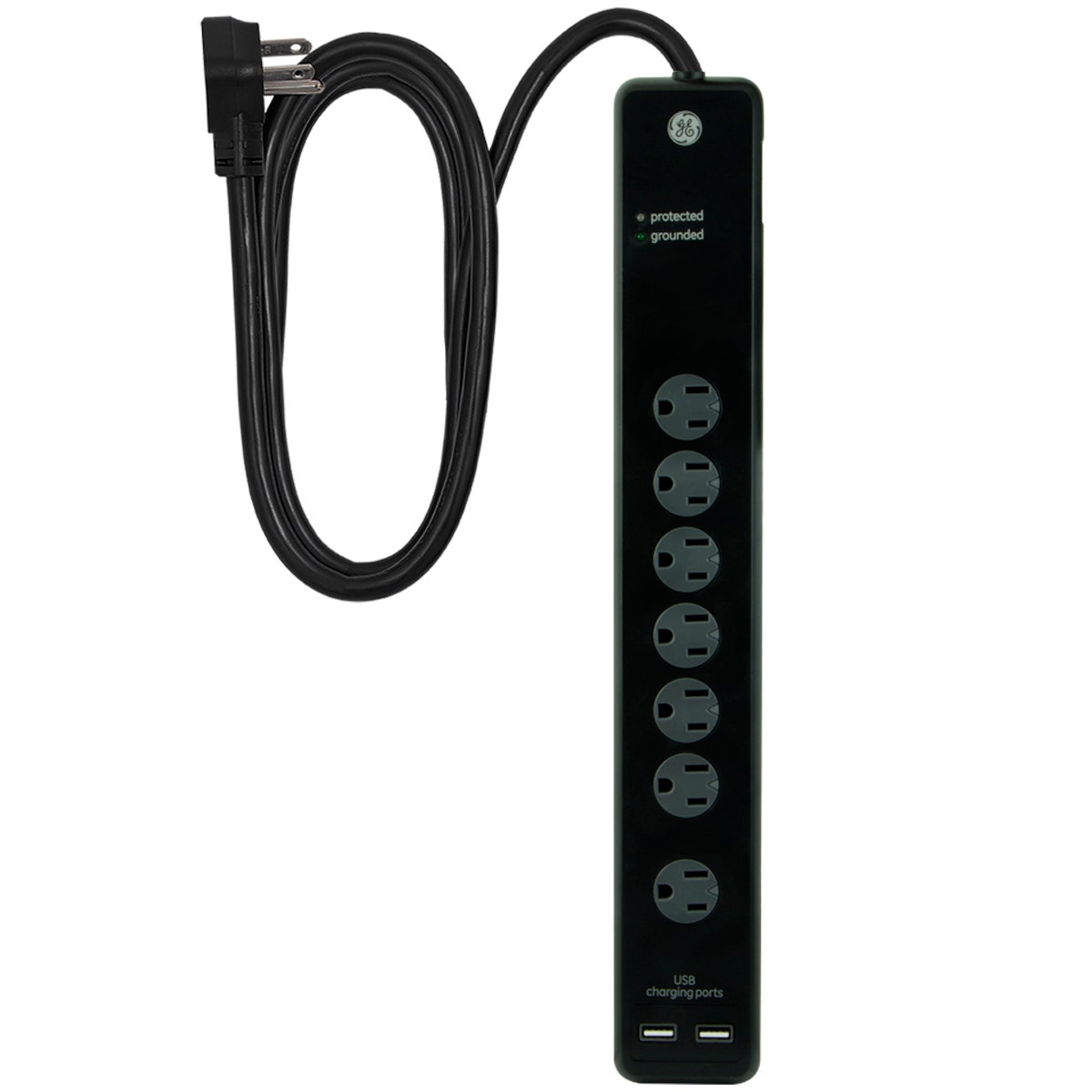 GE 7-Outlet 2-USB 4ft. Surge Protector, Black