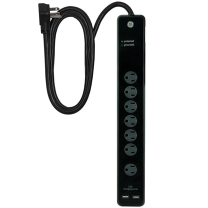 GE 7-Outlet 2-USB 4ft. Surge Protector, Black