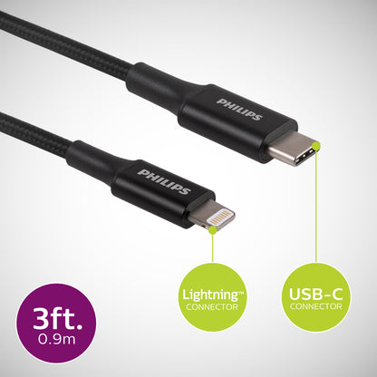 Philips 3ft. USB-C to Lightning Braided Charging Cable, Black