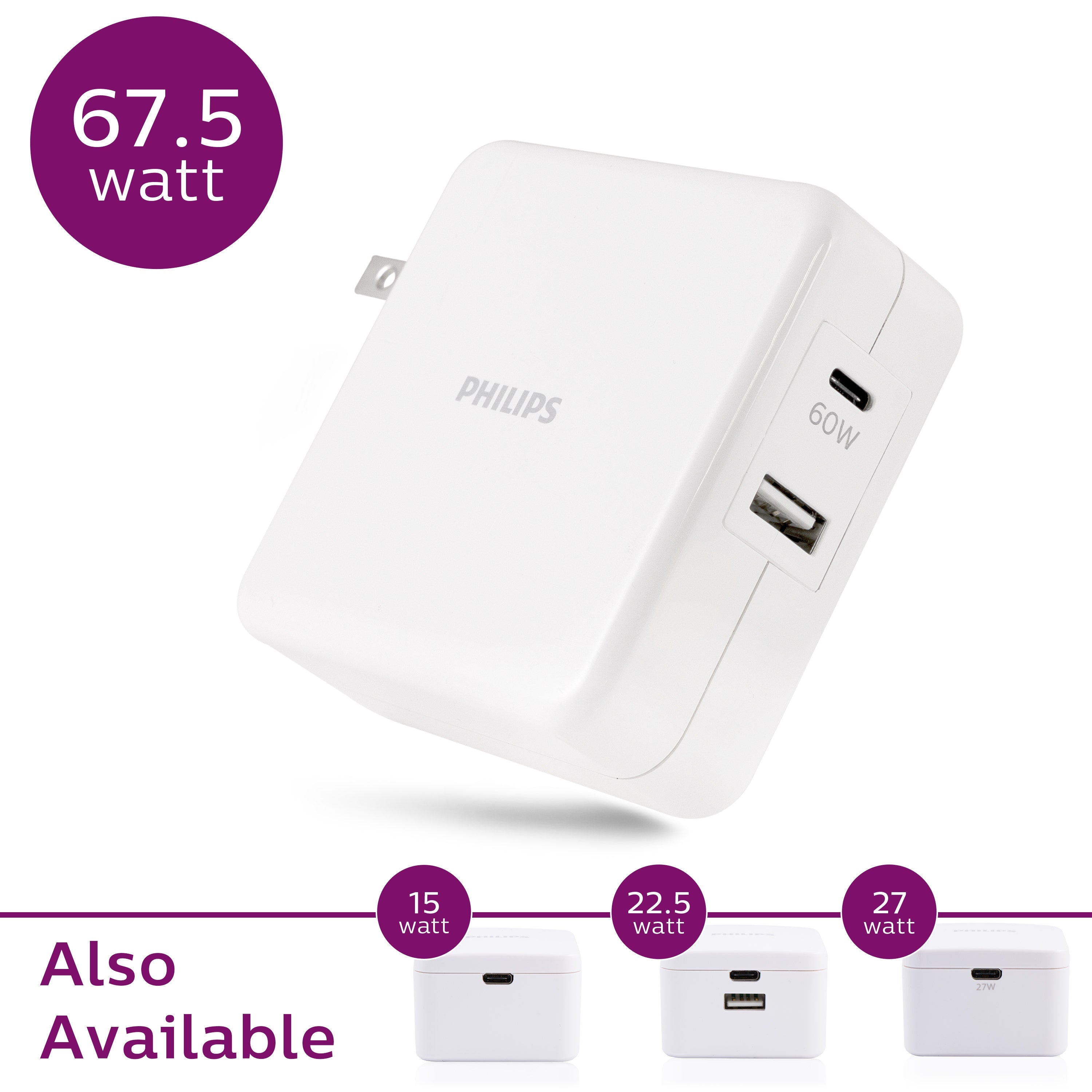 Philips USB-C USB-A Wall Charger with Power Delivery, White